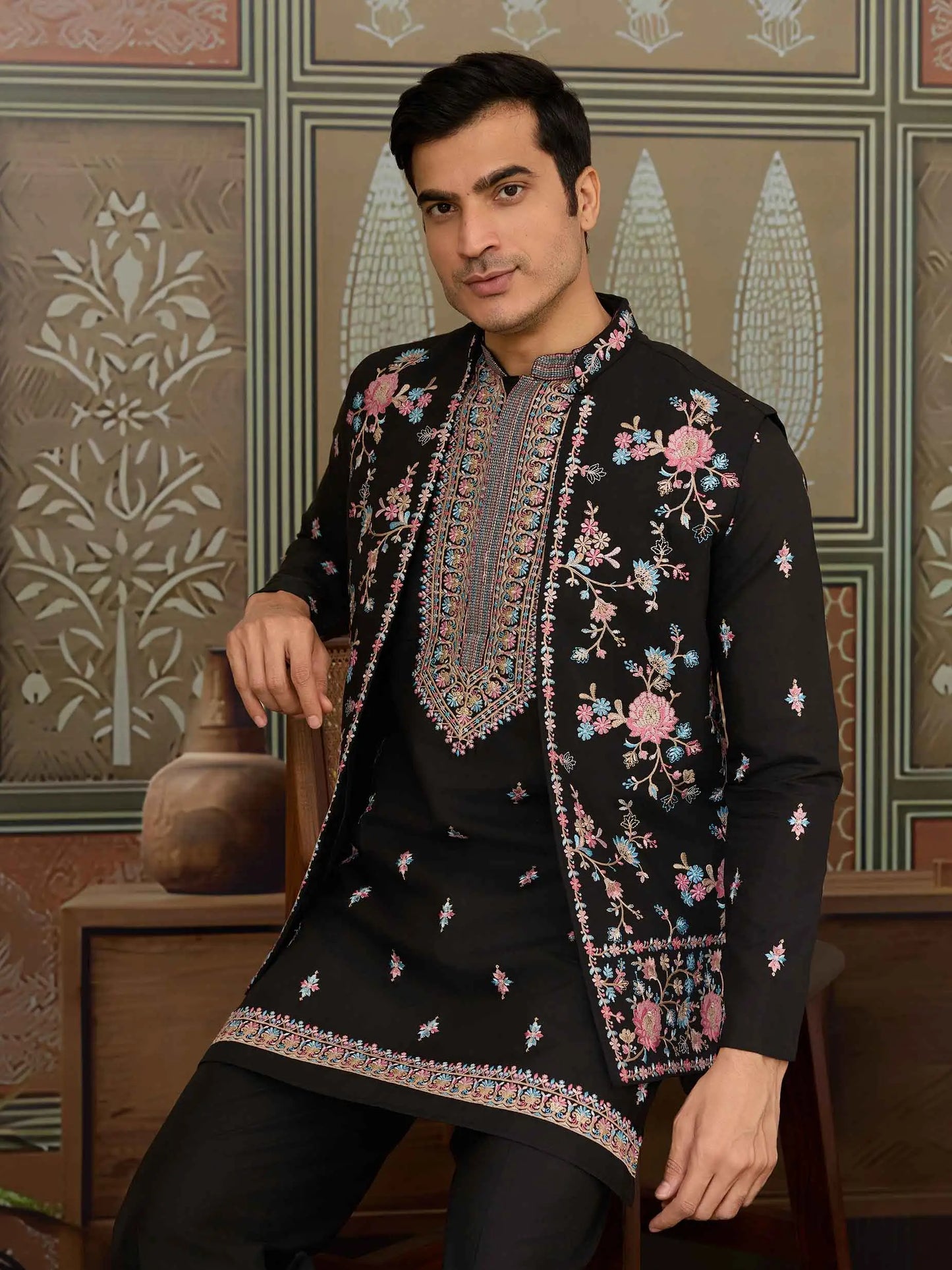 Black Multi Thread Sequins Embroidery Work Wedding Wear Kurta And Jacket