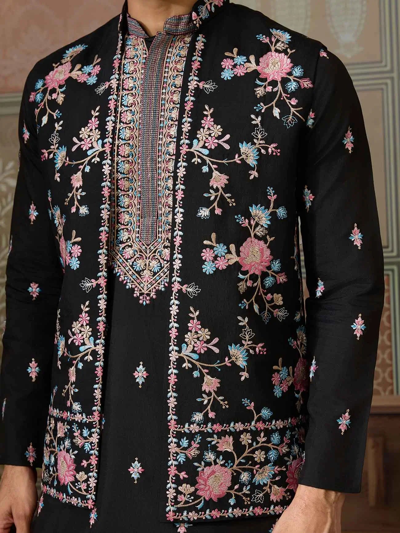 Black Multi Thread Sequins Embroidery Work Wedding Wear Kurta And Jacket