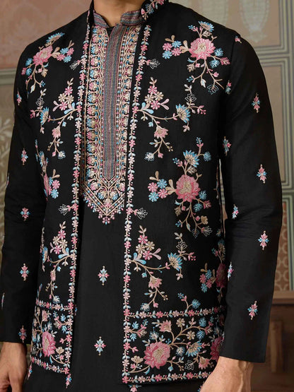 Black Multi Thread Sequins Embroidery Work Wedding Wear Kurta And Jacket