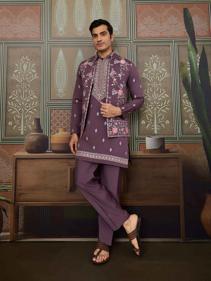 Dirty Purple Multi Thread Sequins Embroidery Work Wedding Wear Kurta And Jacket