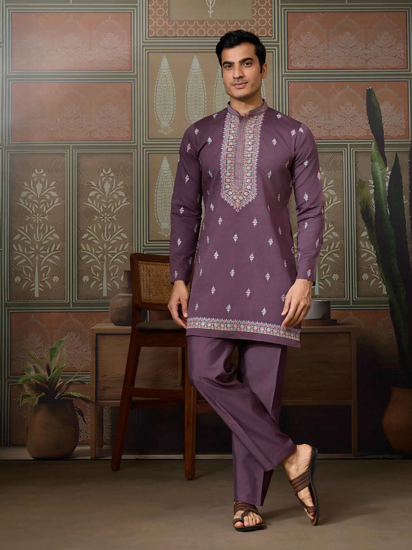 Dirty Purple Multi Thread Sequins Embroidery Work Wedding Wear Kurta And Jacket