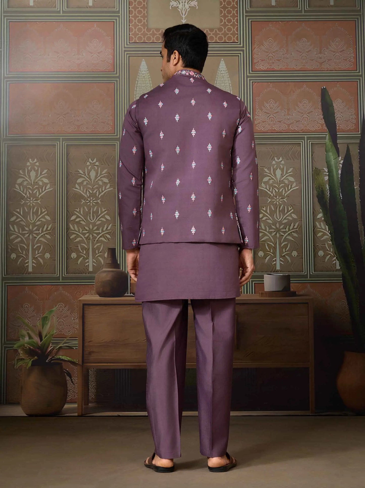 Dirty Purple Multi Thread Sequins Embroidery Work Wedding Wear Kurta And Jacket