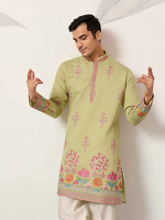 Pista Embroidery Work Kurta Set