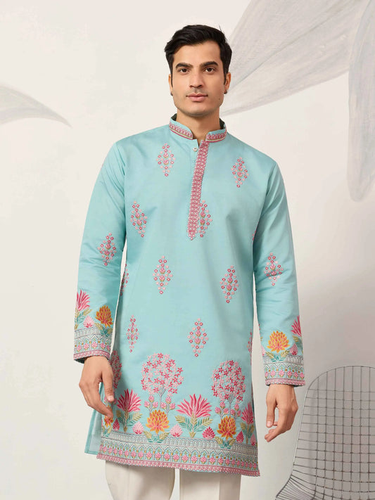 Sky Embroidery Work Kurta Set