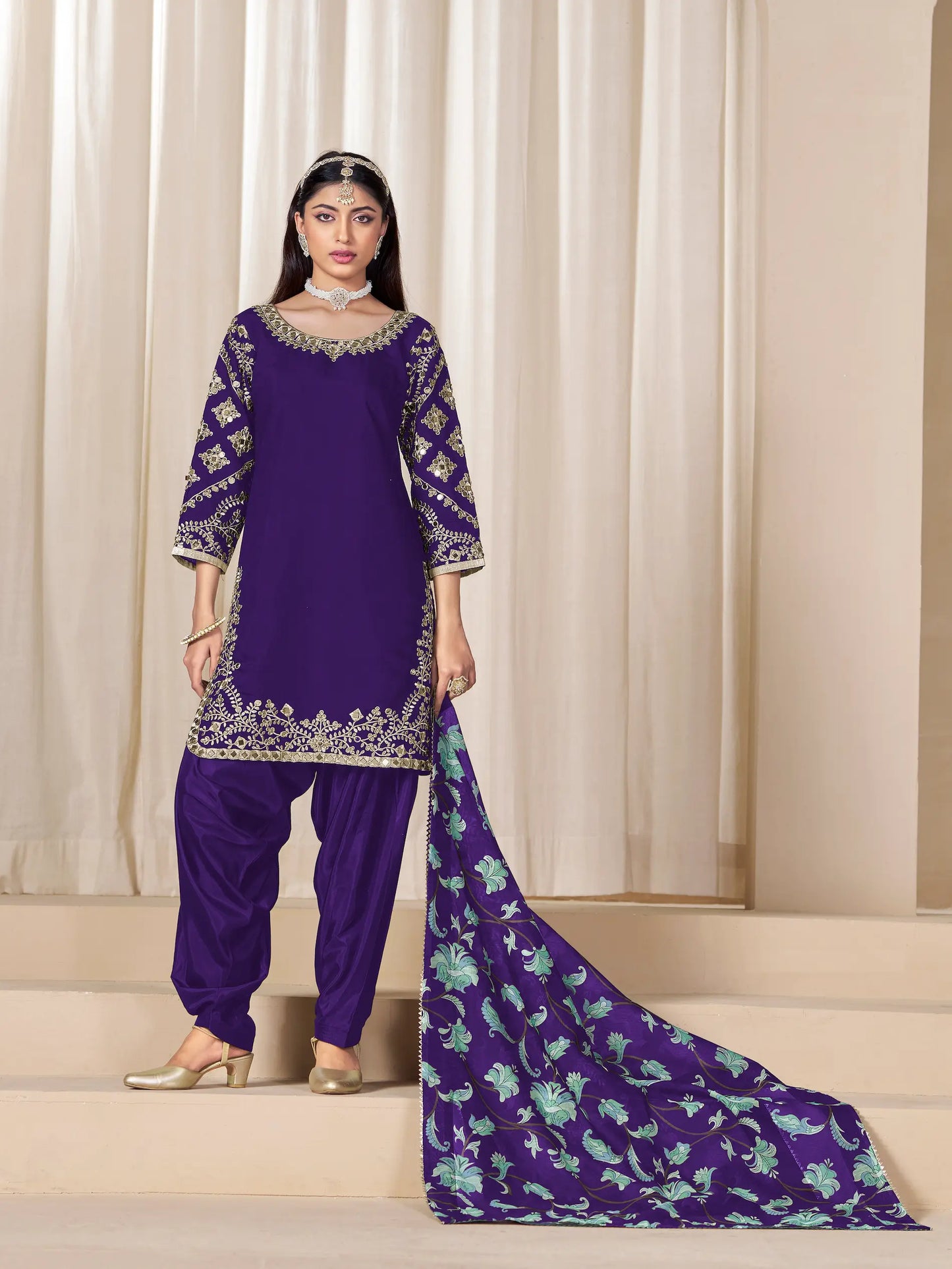 Purple Roman Silk Embroidery Work Salwar Suit