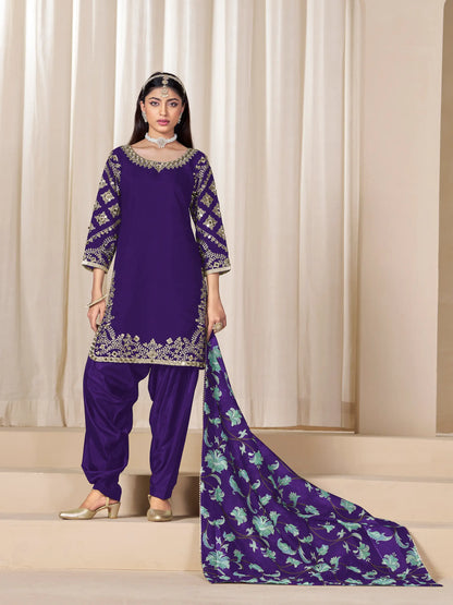 Purple Roman Silk Embroidery Work Salwar Suit