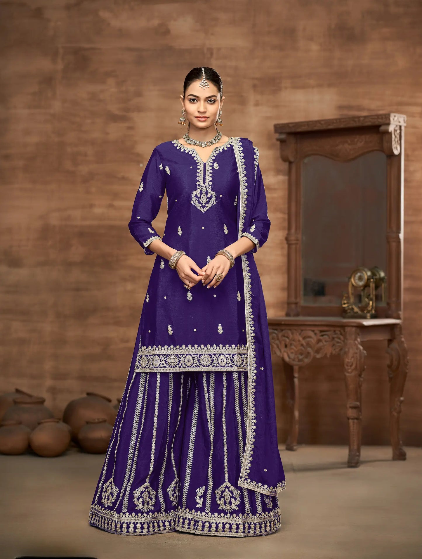 Purple Chinon Palazzo Salwar Suit With Thread & Sequins Embroidery Work