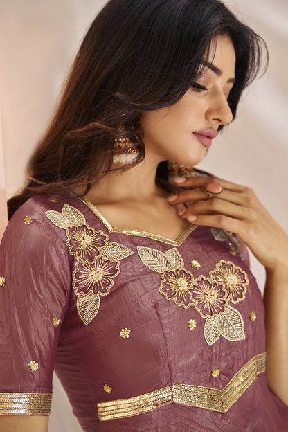 Coral Red Organza Kurta With Handwork