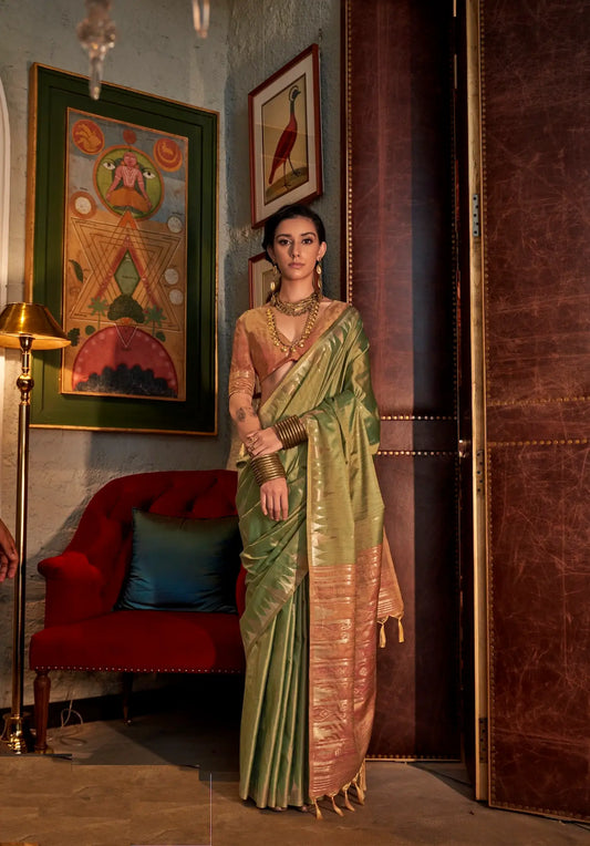 Greenish Silk Saree With Contrast Ikkat Design Pallu