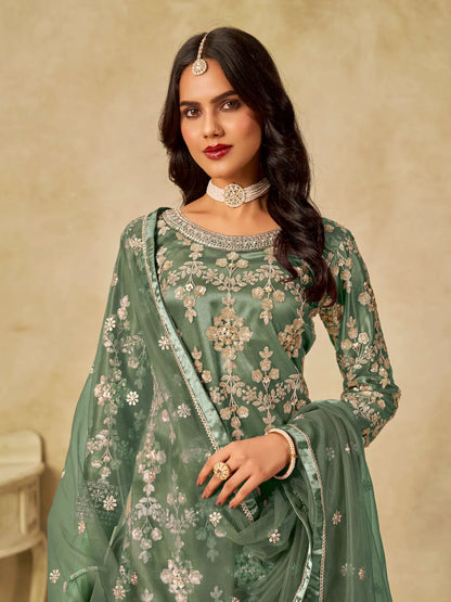 Hazel Green Net Palazzo Suit With Sequins Embroidery