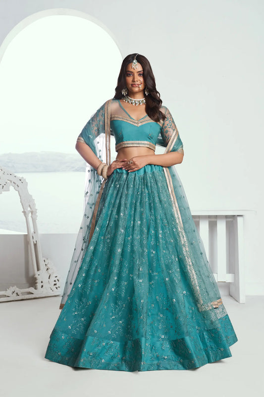 Fountain Blue Net Lehenga Choli With Cotton Thread Work & Sequence Embroidery Work