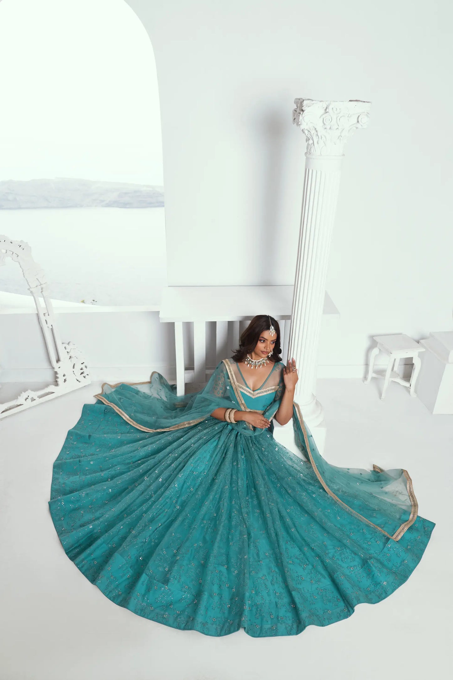 Fountain Blue Net Lehenga Choli With Cotton Thread Work & Sequence Embroidery Work