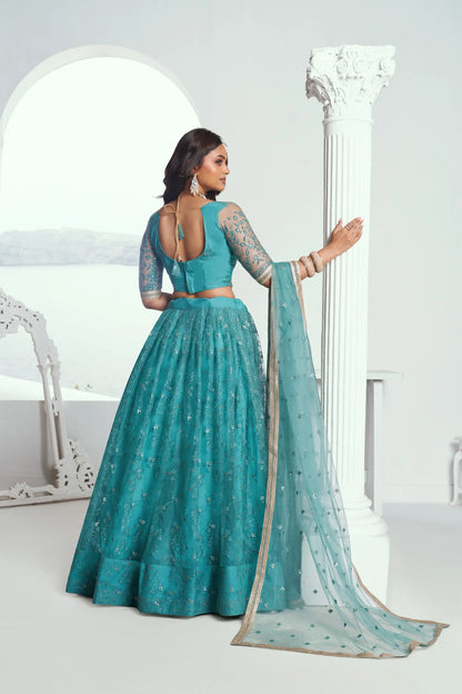 Fountain Blue Net Lehenga Choli With Cotton Thread Work & Sequence Embroidery Work