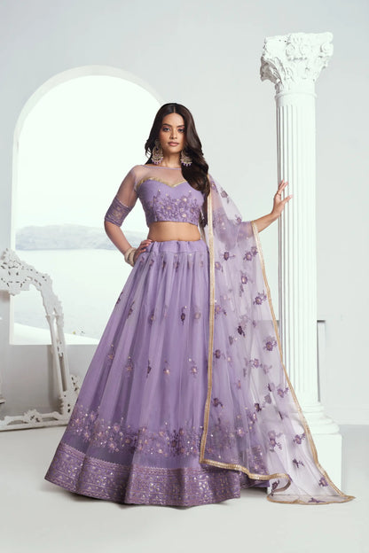 Lavender Net Lehenga Choli with Cotton Thread Work & Sequence Embroidery Work