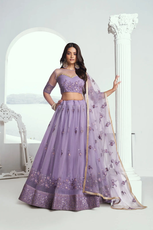 Lavender Net Lehenga Choli with Cotton Thread Work & Sequence Embroidery Work