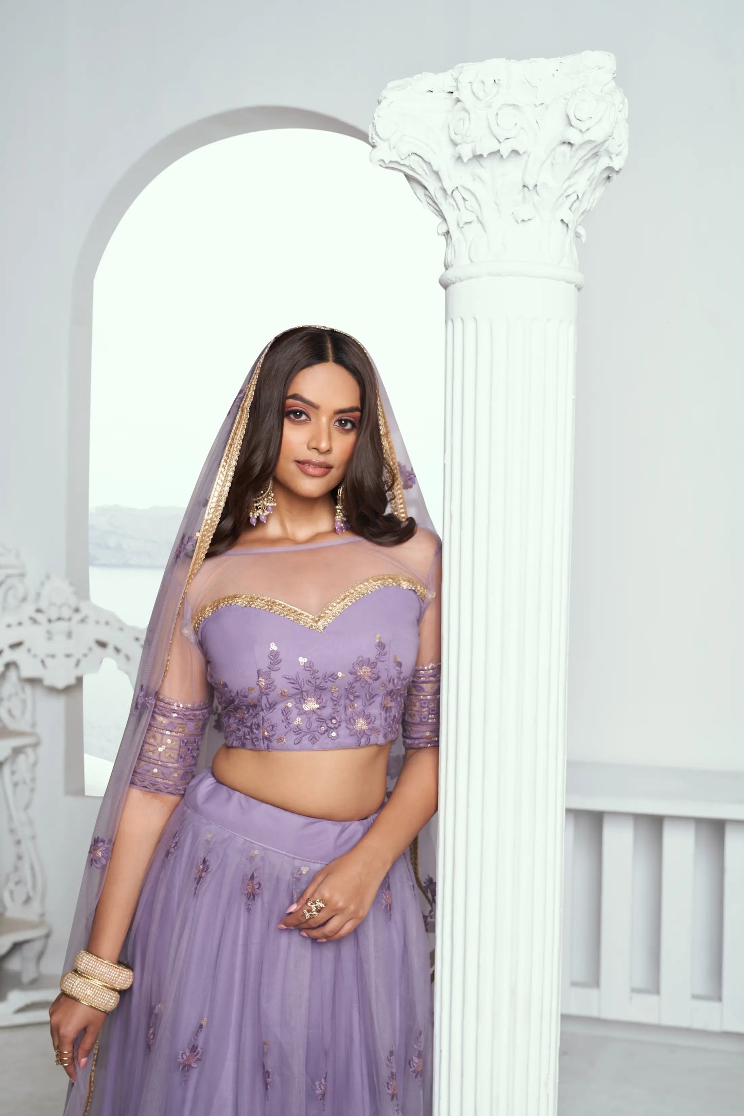 Lavender Net Lehenga Choli with Cotton Thread Work & Sequence Embroidery Work