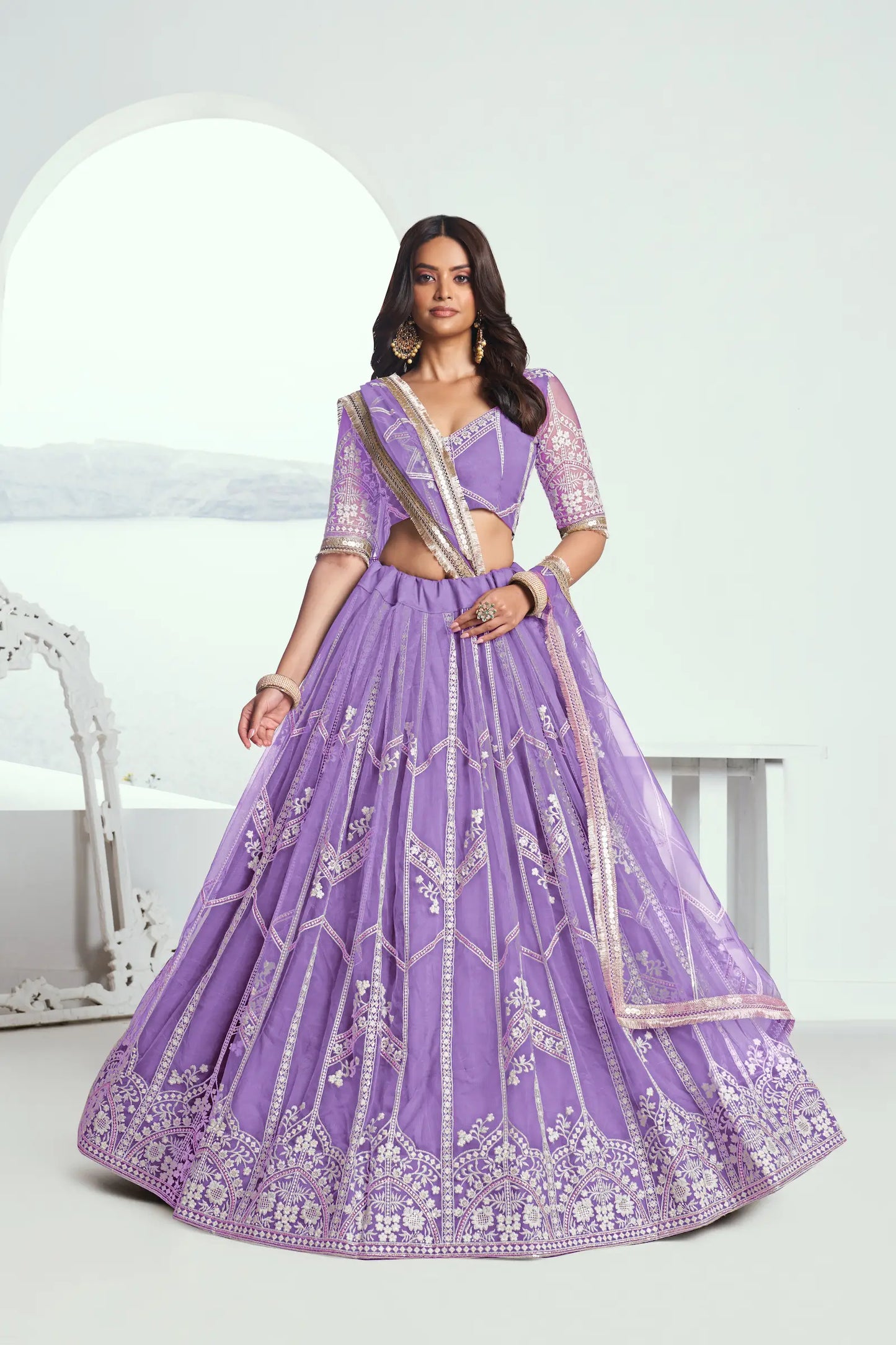 Lavender Net Lehenga Choli With Sequence & Cotton Thread Work Embroidery Work