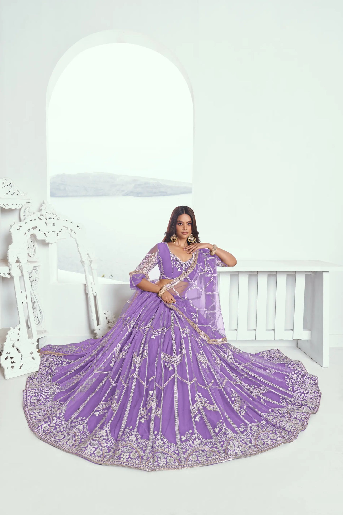 Lavender Net Lehenga Choli With Sequence & Cotton Thread Work Embroidery Work