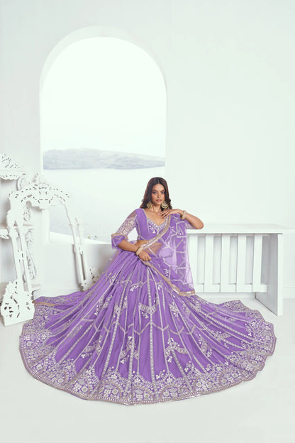 Lavender Net Lehenga Choli With Sequence & Cotton Thread Work Embroidery Work