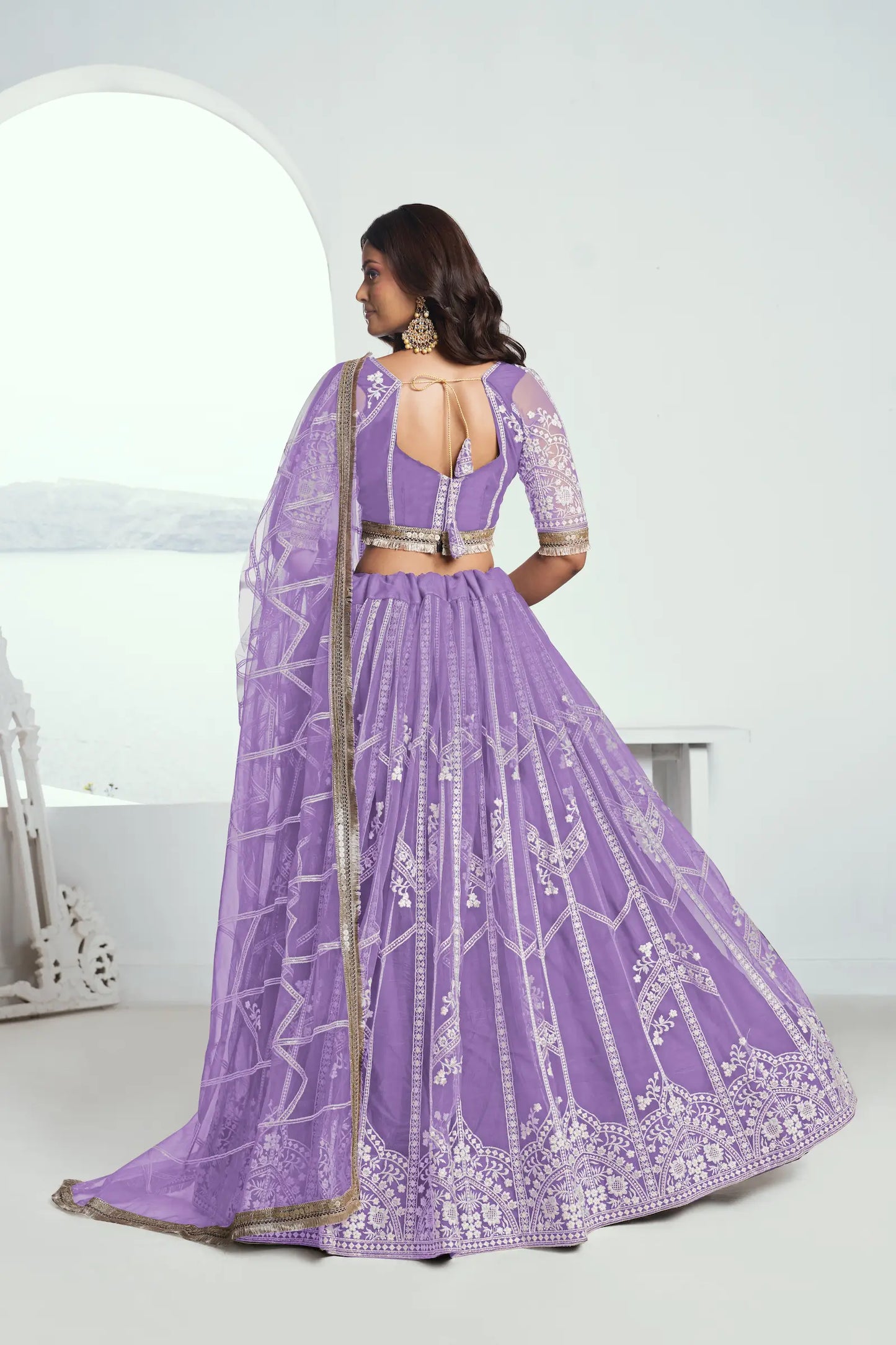 Lavender Net Lehenga Choli With Sequence & Cotton Thread Work Embroidery Work