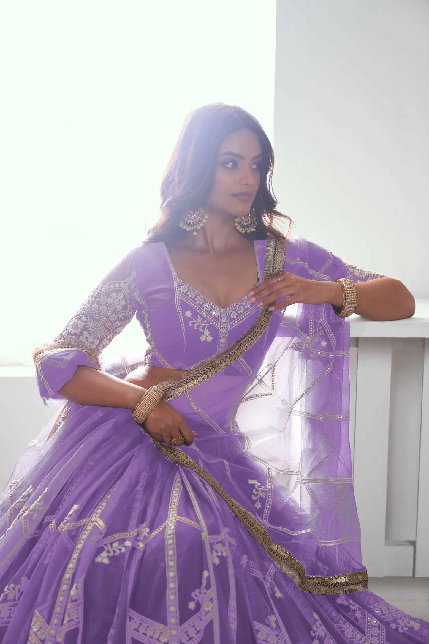 Lavender Net Lehenga Choli With Sequence & Cotton Thread Work Embroidery Work