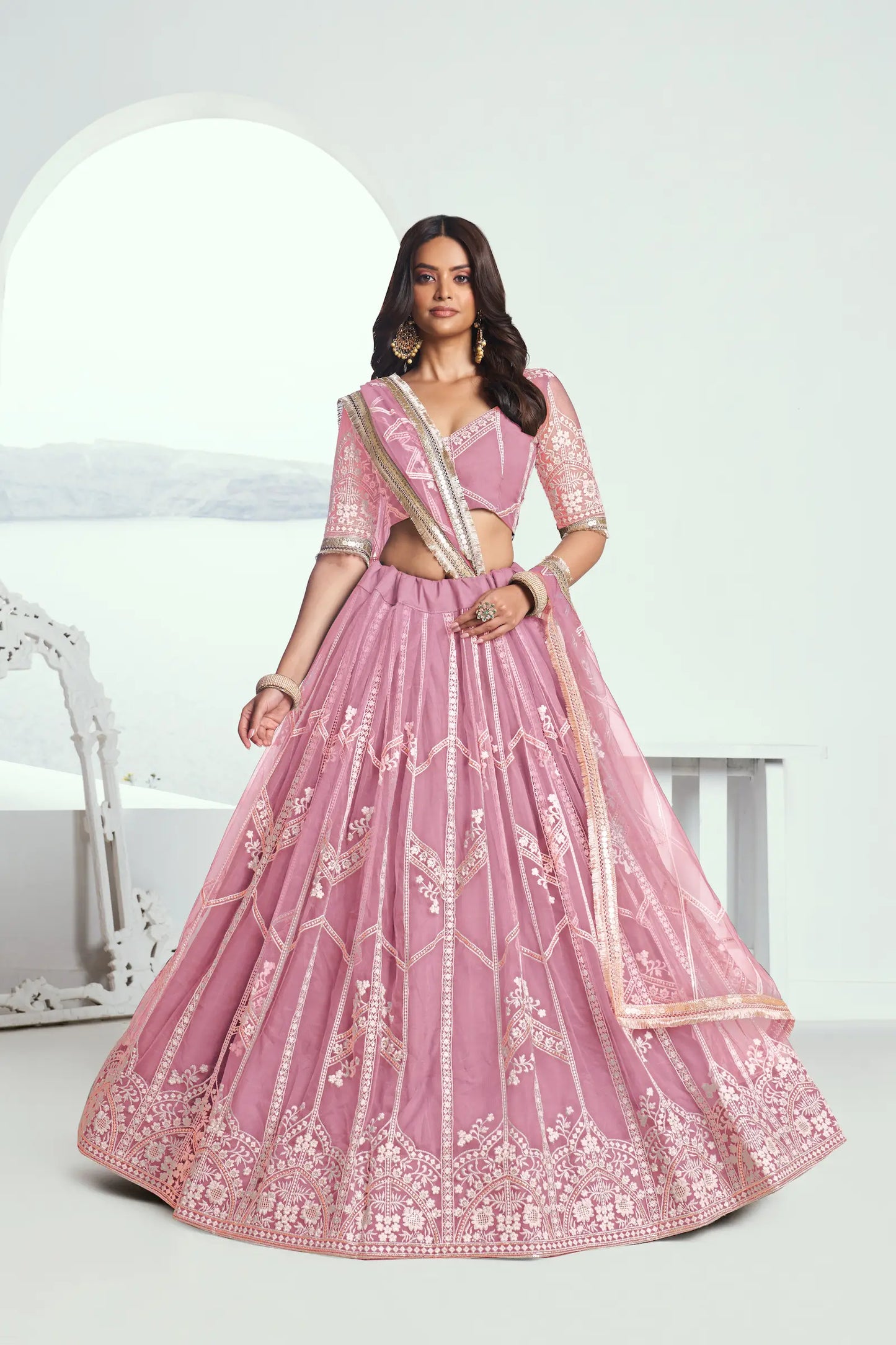 Pink Net Lehenga Choli With Sequence & Cotton Thread Work Embroidery Work