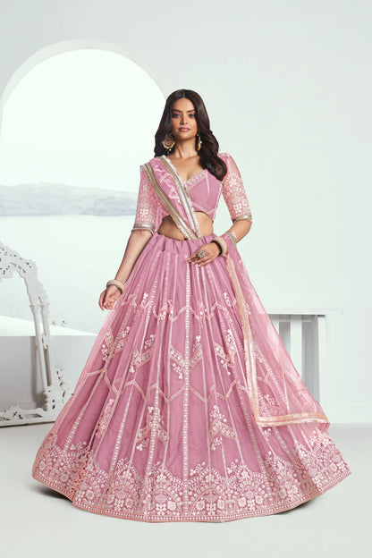 Pink Net Lehenga Choli With Sequence & Cotton Thread Work Embroidery Work
