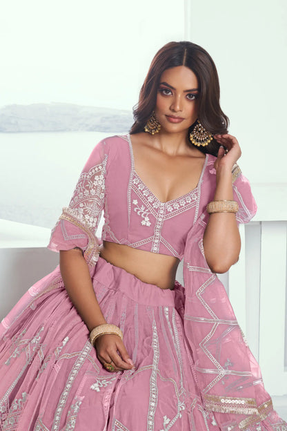 Pink Net Lehenga Choli With Sequence & Cotton Thread Work Embroidery Work