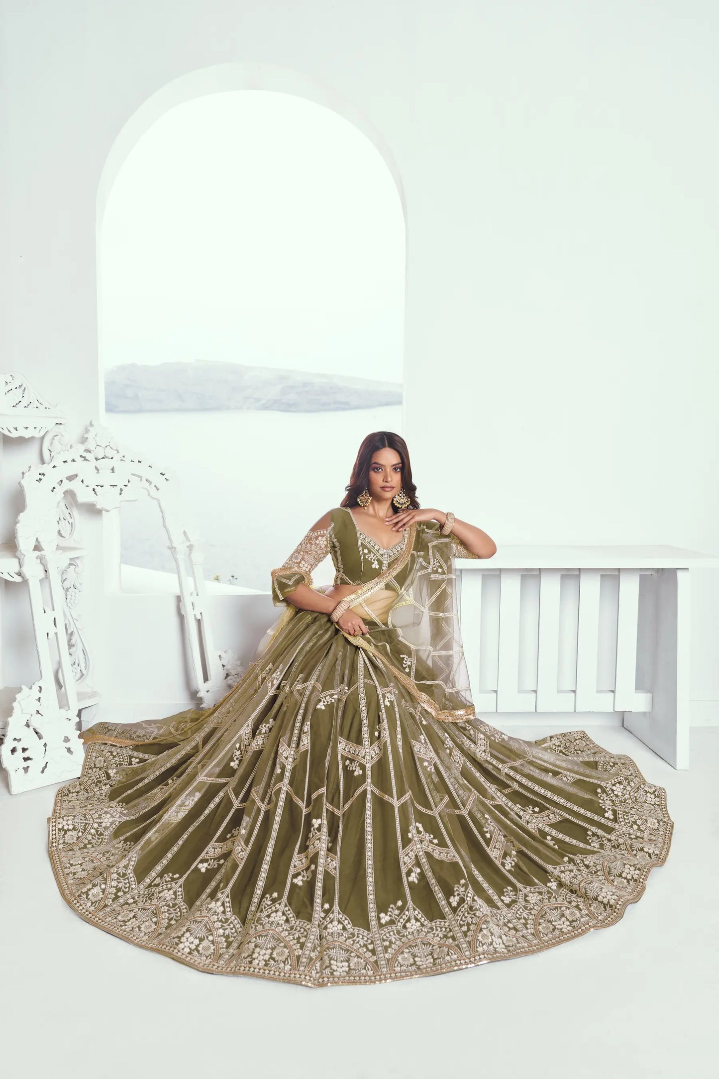 Olive Green Net Lehenga Choli With Sequence & Cotton Thread Work Embroidery Work