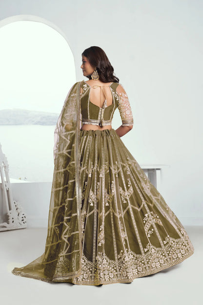 Olive Green Net Lehenga Choli With Sequence & Cotton Thread Work Embroidery Work