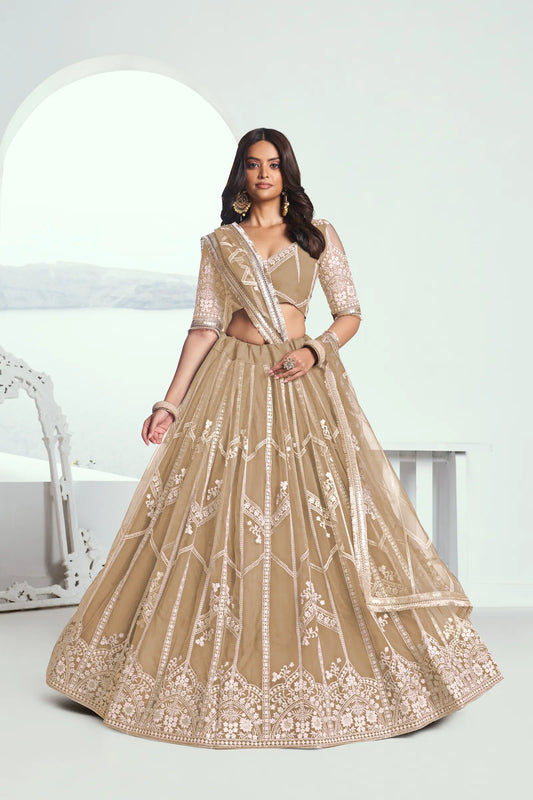 Beige Net Lehenga Choli With Sequence & Cotton Thread Work Embroidery Work