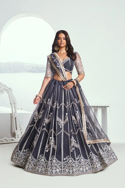 Dark Grey Net Lehenga Choli With Sequence & Cotton Thread Work Embroidery Work