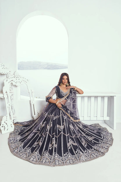 Dark Grey Net Lehenga Choli With Sequence & Cotton Thread Work Embroidery Work