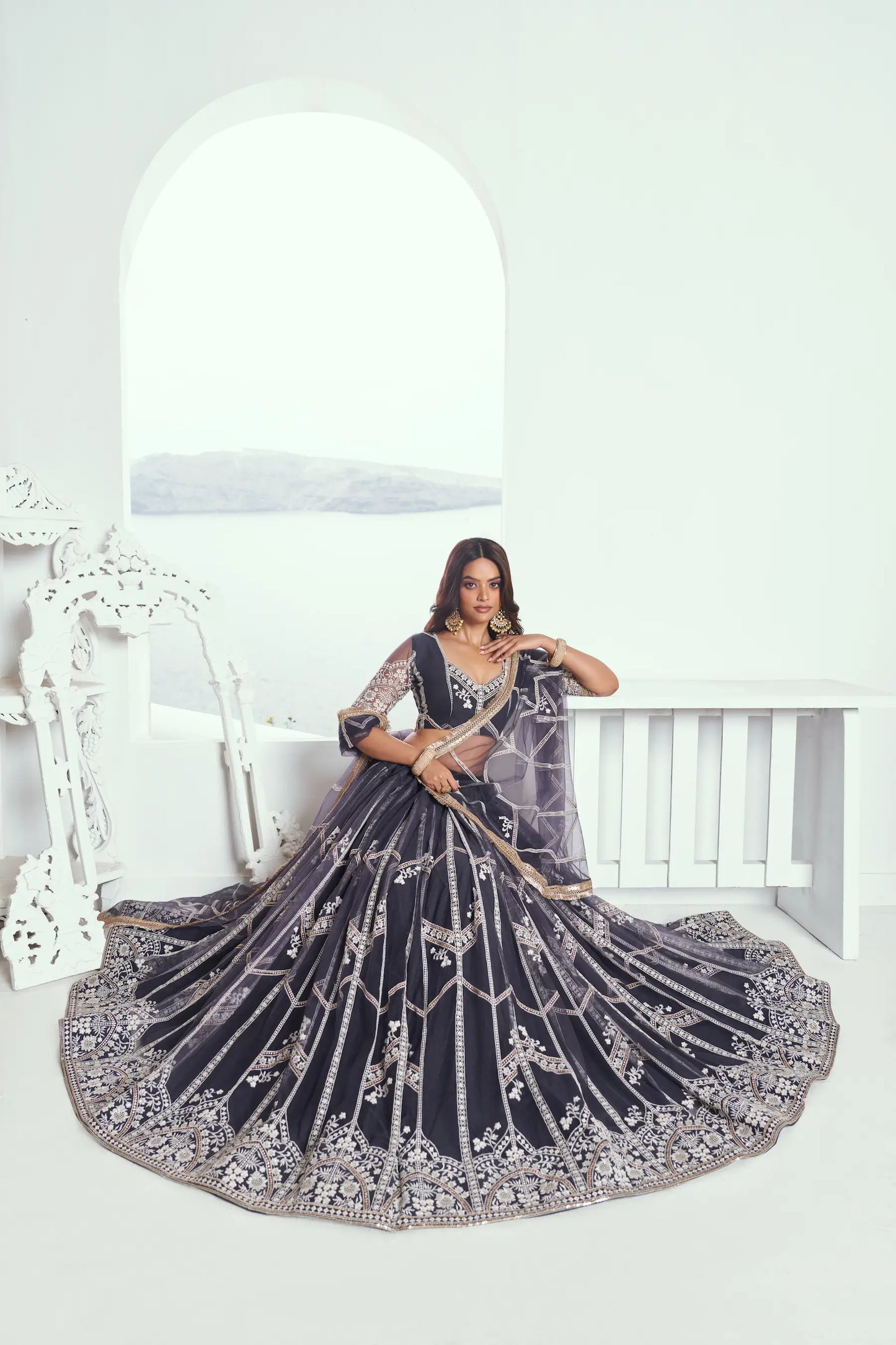 Dark Grey Net Lehenga Choli With Sequence & Cotton Thread Work Embroidery Work