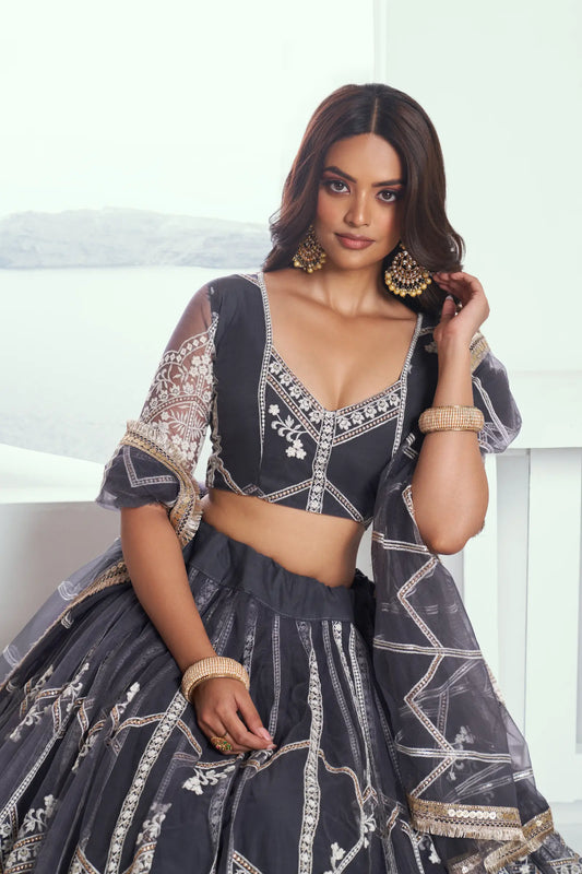 Dark Grey Net Lehenga Choli With Sequence & Cotton Thread Work Embroidery Work