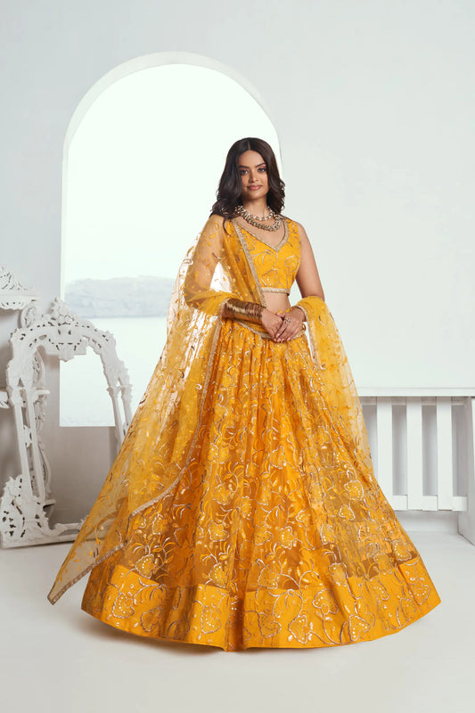 Yellow Net Lehenga Choli With Cotton Thread Work & Sequence Embroidery Work