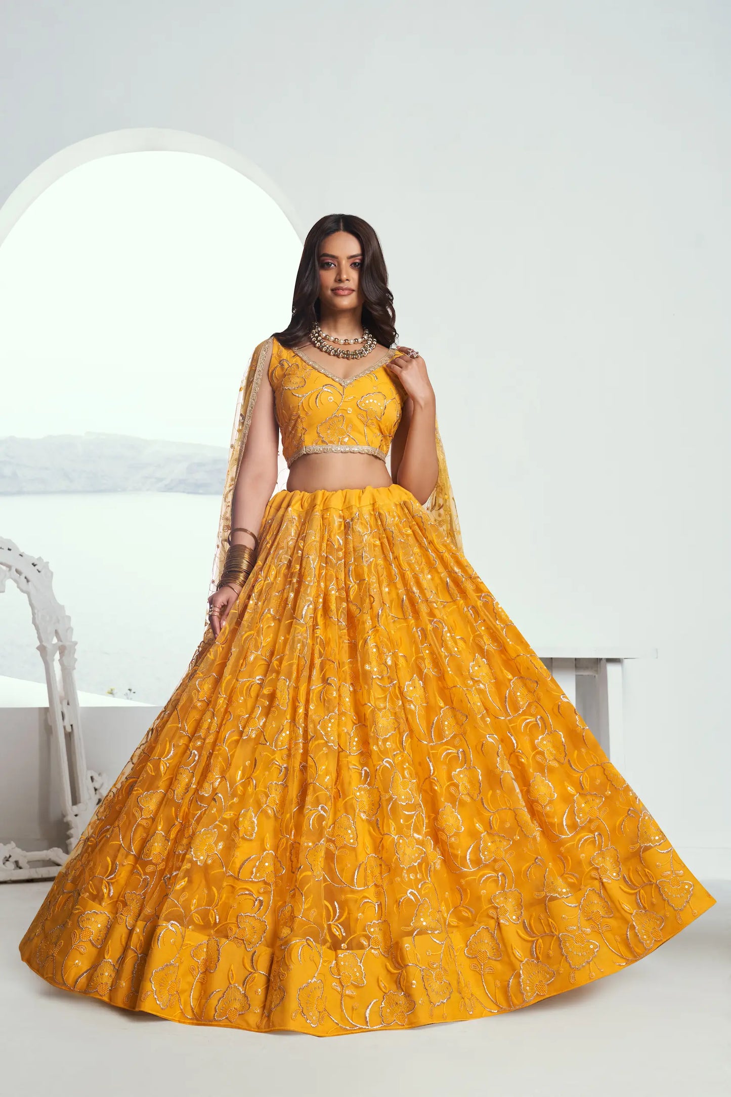 Yellow Net Lehenga Choli With Cotton Thread Work & Sequence Embroidery Work