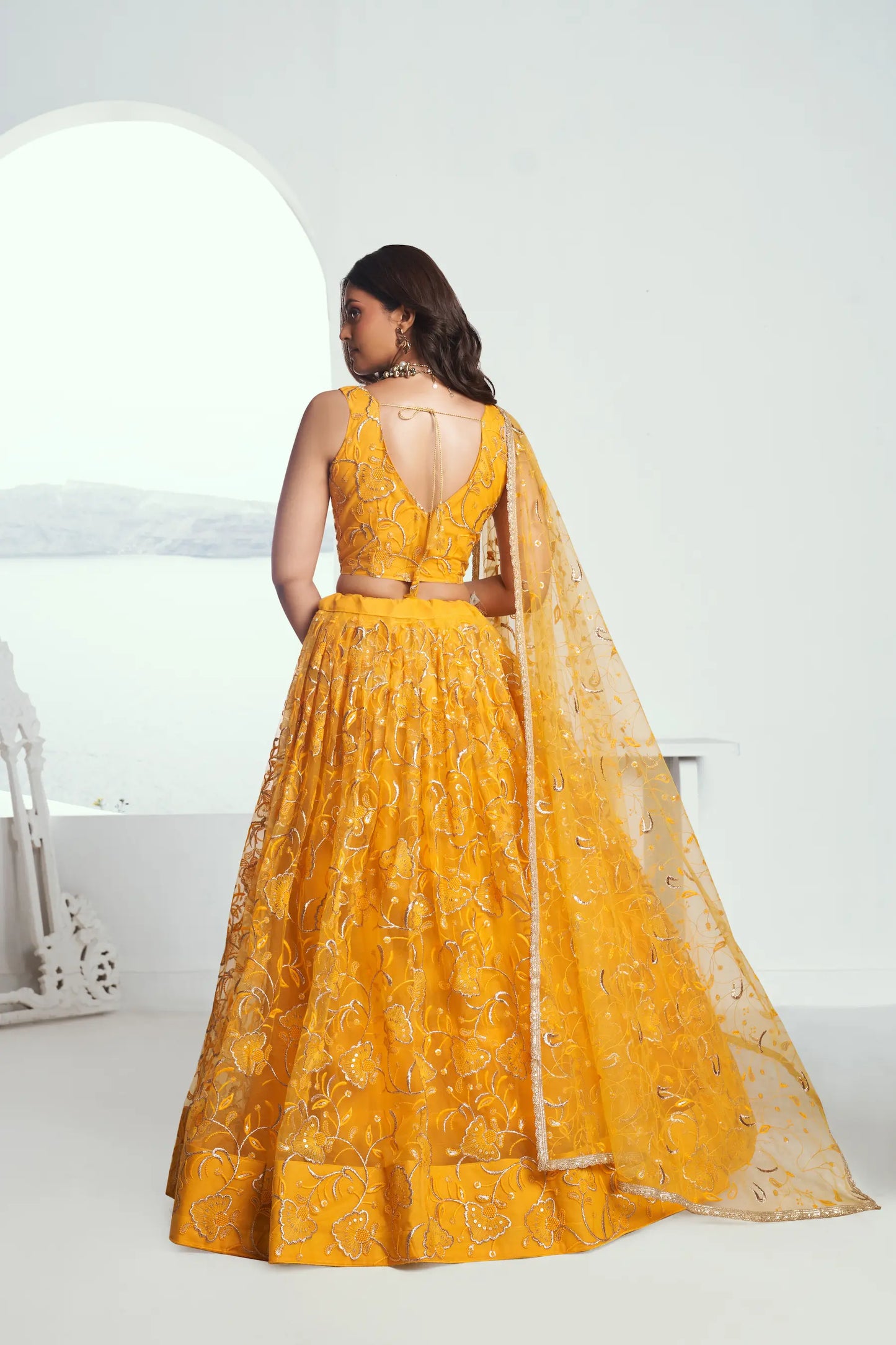 Yellow Net Lehenga Choli With Cotton Thread Work & Sequence Embroidery Work