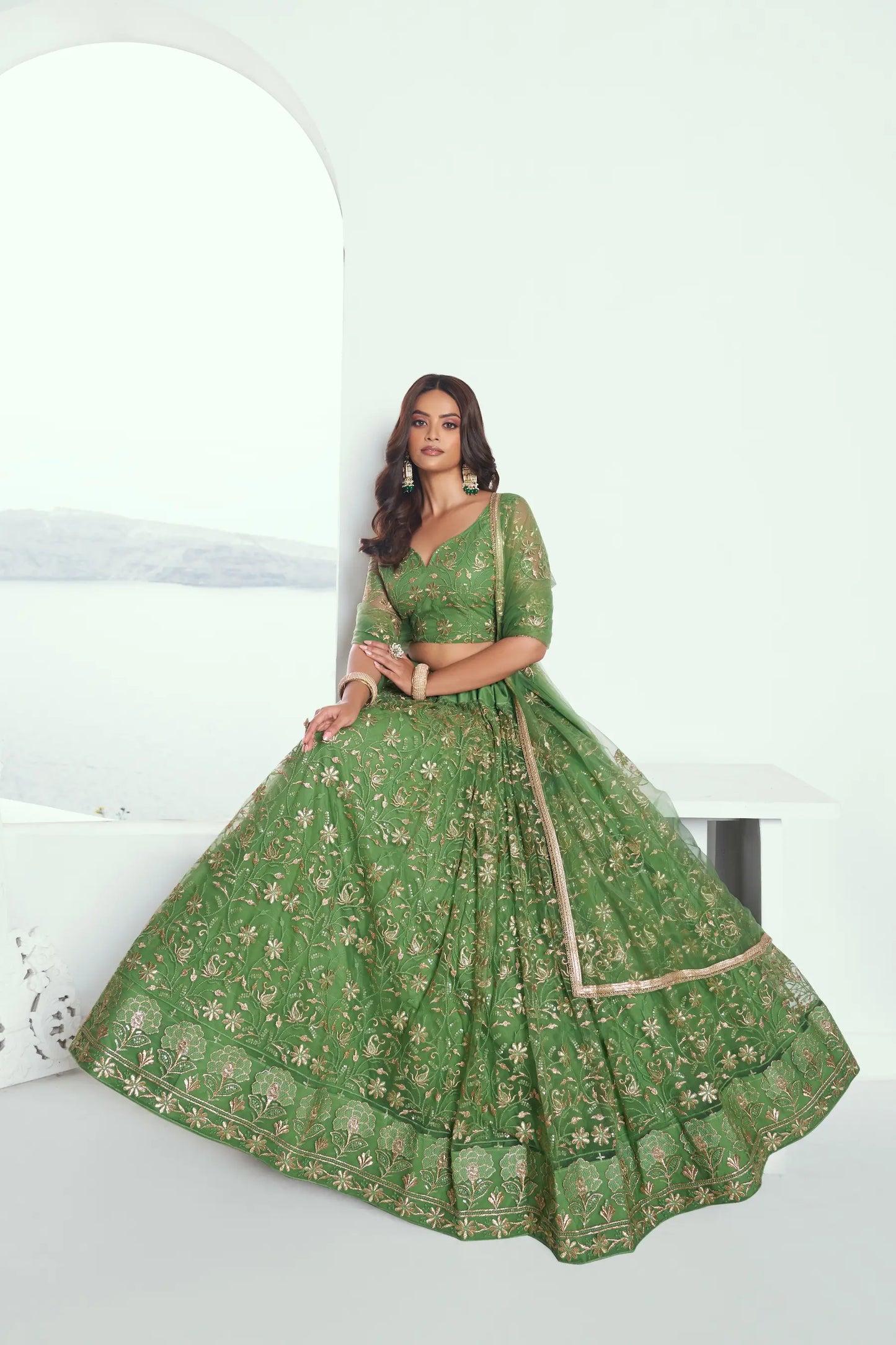 Light Green Net Lehenga Choli With Cotton Thread Work & Sequence Embroidery Work