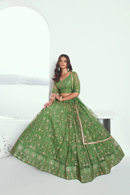 Light Green Net Lehenga Choli With Cotton Thread Work & Sequence Embroidery Work