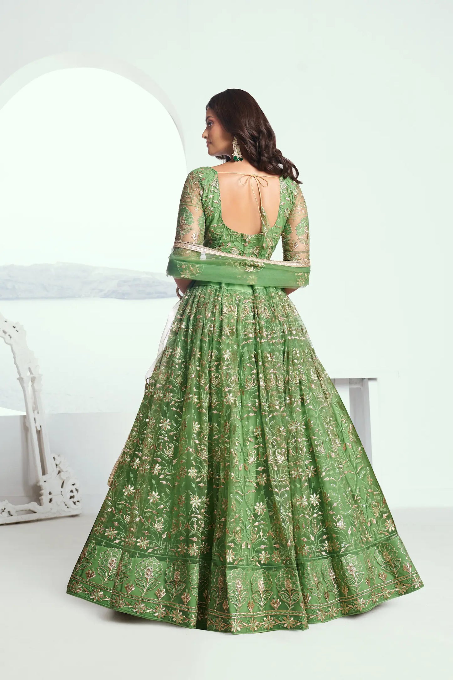 Light Green Net Lehenga Choli With Cotton Thread Work & Sequence Embroidery Work