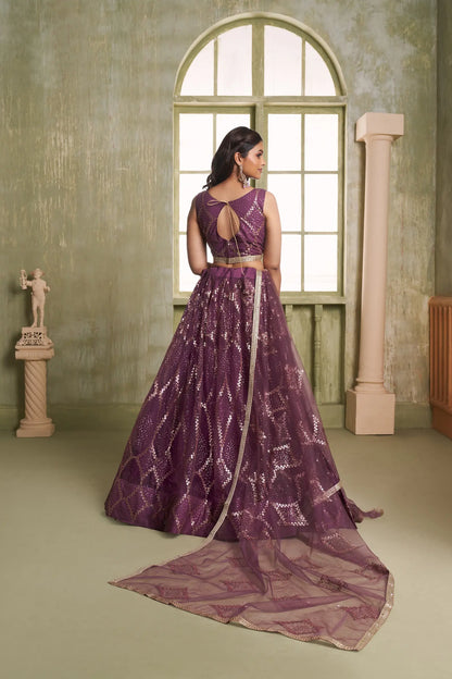Wine Net Lehenga Choli With Cotton Thread Work & Sequence Embroidery Work