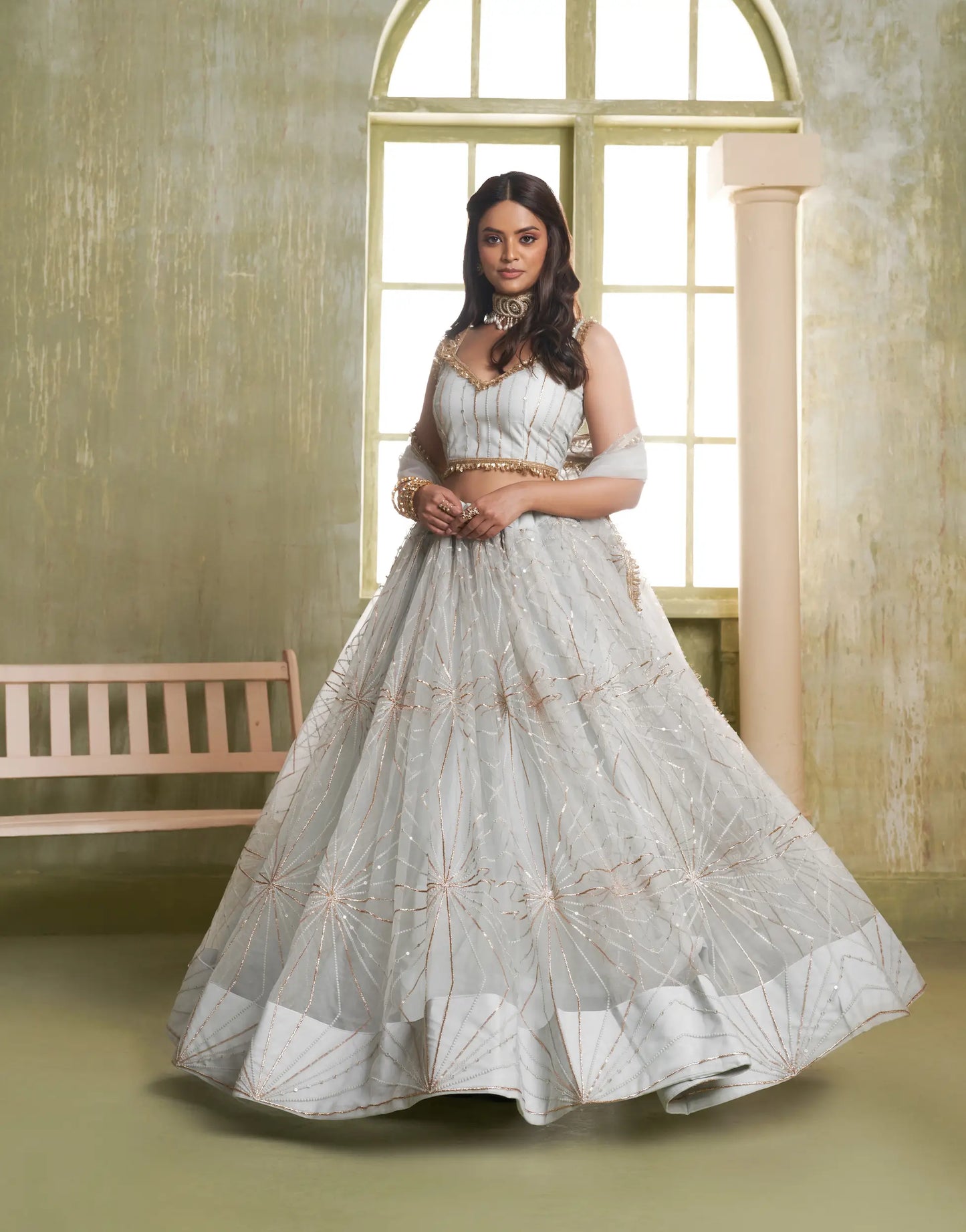 Light Grey Net Lehenga Choli With Cotton Thread Work & Sequence Embroidery Work