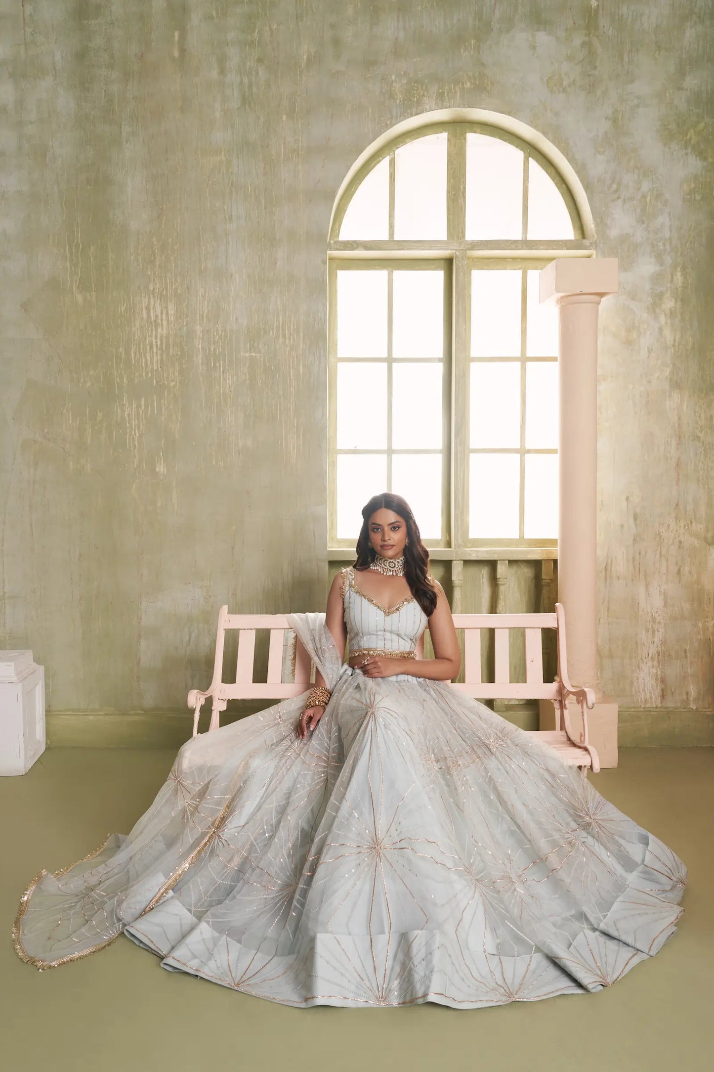 Light Grey Net Lehenga Choli With Cotton Thread Work & Sequence Embroidery Work