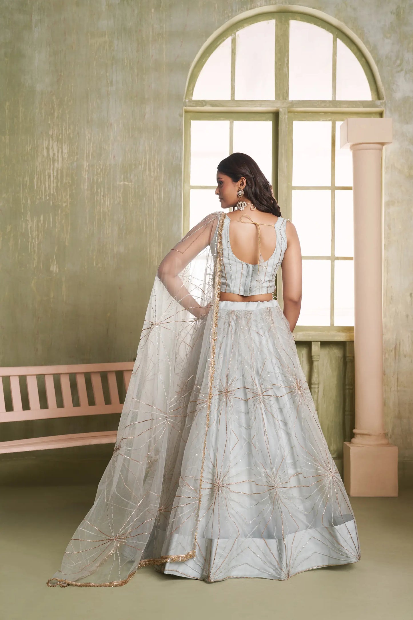 Light Grey Net Lehenga Choli With Cotton Thread Work & Sequence Embroidery Work