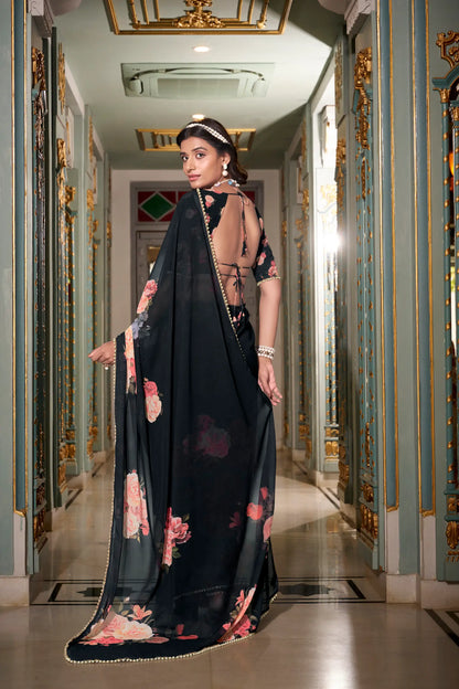 Black Georgette Floral Print & Pearl Lace Border Saree