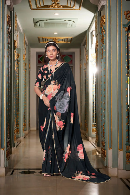 Black Georgette Floral Print & Pearl Lace Border Saree