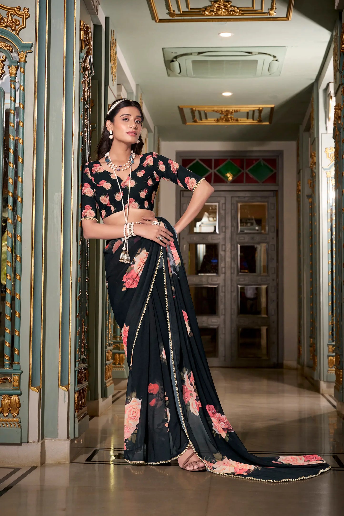 Black Georgette Floral Print & Pearl Lace Border Saree