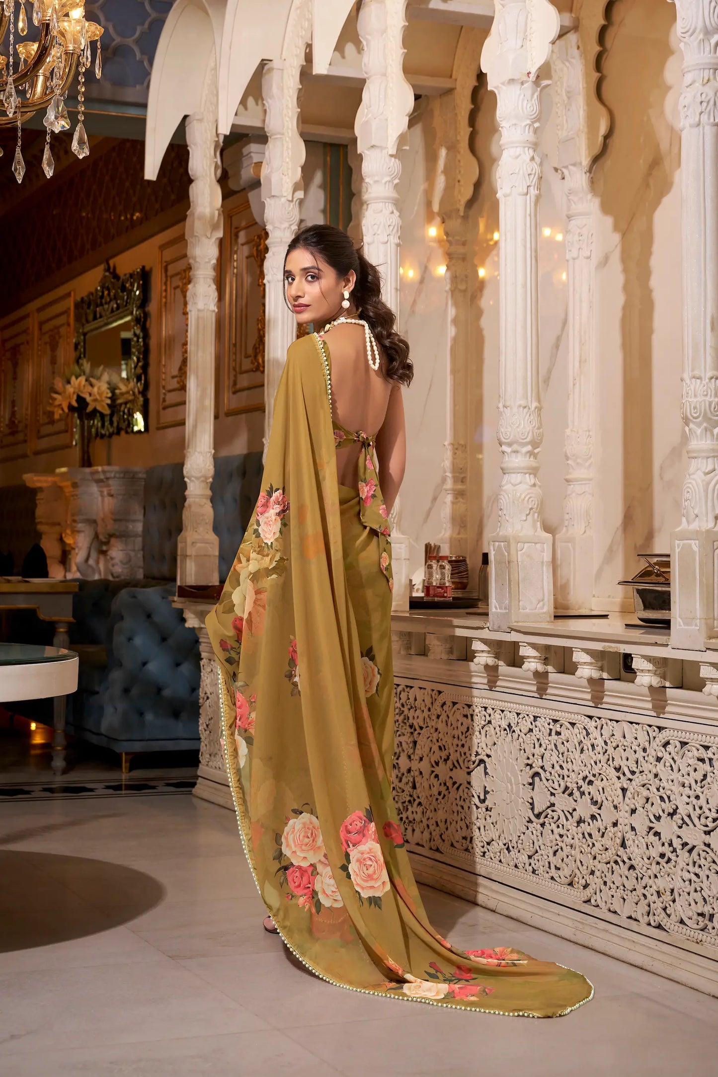 Light Brown Georgette Floral Print & Pearl Lace Border Saree