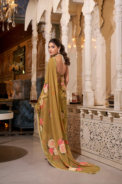 Light Brown Georgette Floral Print & Pearl Lace Border Saree